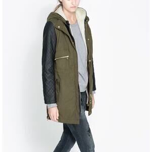 ZARA Jacket Faux Fur Lined Jacket Leather Sleeve Full Zip Hooded Green Black XS